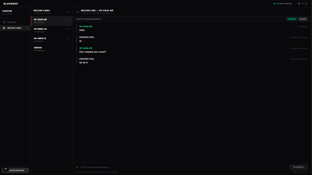 A screenshot from the Blackbox secure lines page